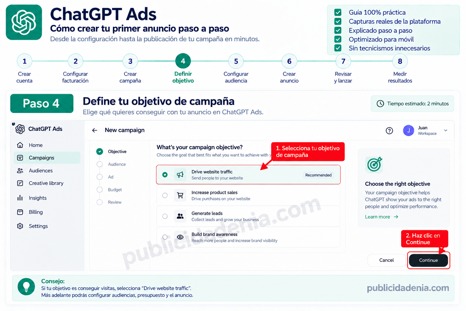 Paso 4: elegir el objetivo de una campaña de ChatGPT Ads