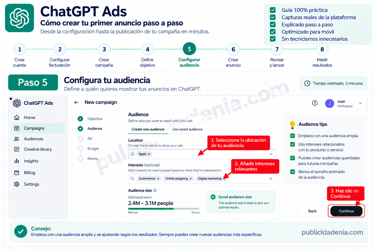 Paso 5: configurar audiencia, ubicación y presupuesto en ChatGPT Ads