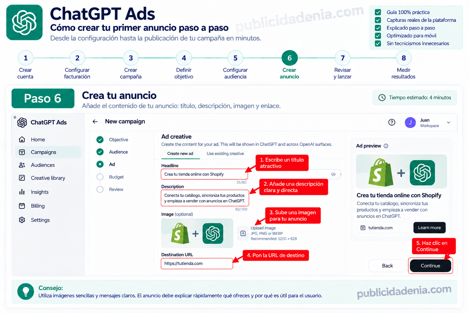 Paso 6: crear el anuncio en ChatGPT Ads con título, texto, imagen y URL