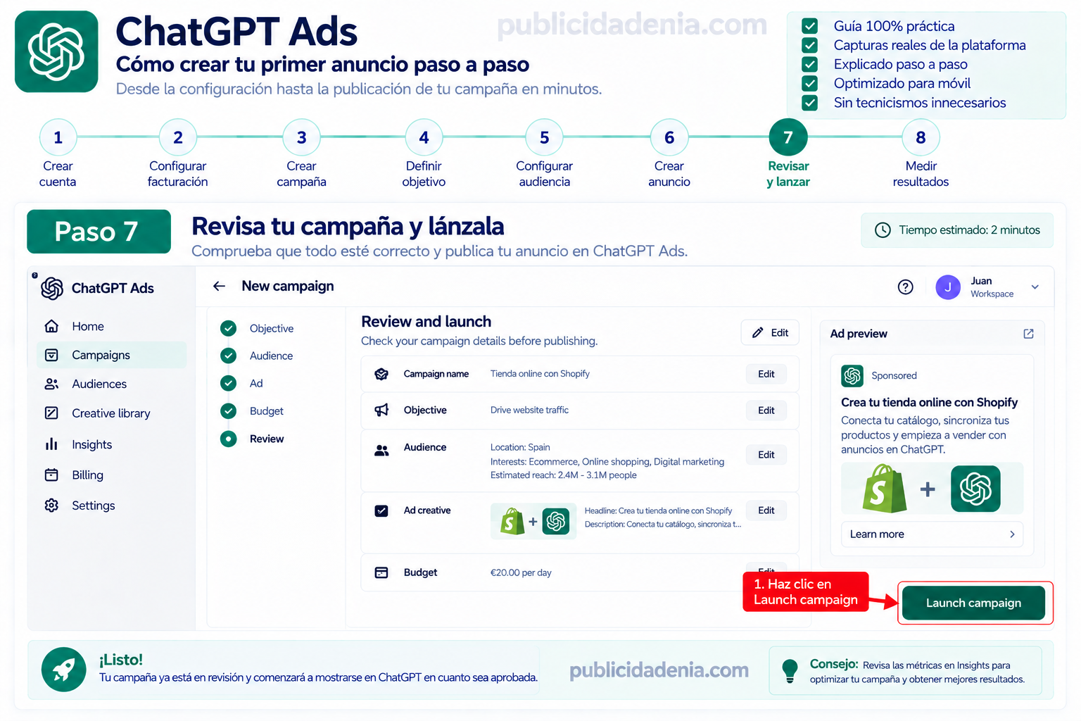 Paso 7: revisar y publicar una campaña de ChatGPT Ads