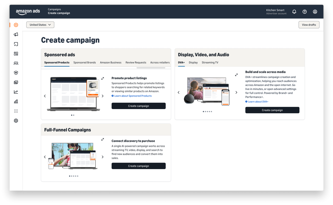Pantalla oficial de Amazon Ads Agent con Sponsored Ads, Display Video Audio y Full-Funnel Campaigns