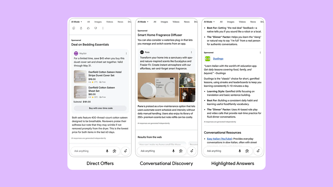 Comparativa visual de Direct Offers, Conversational Discovery Ads y Highlighted Answers en Google AI Mode