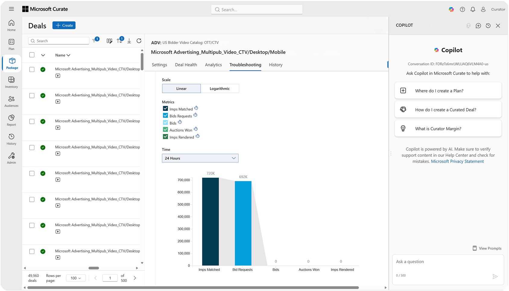 Interfaz oficial de Microsoft Curate con Copilot integrado para consultar deals y rendimiento