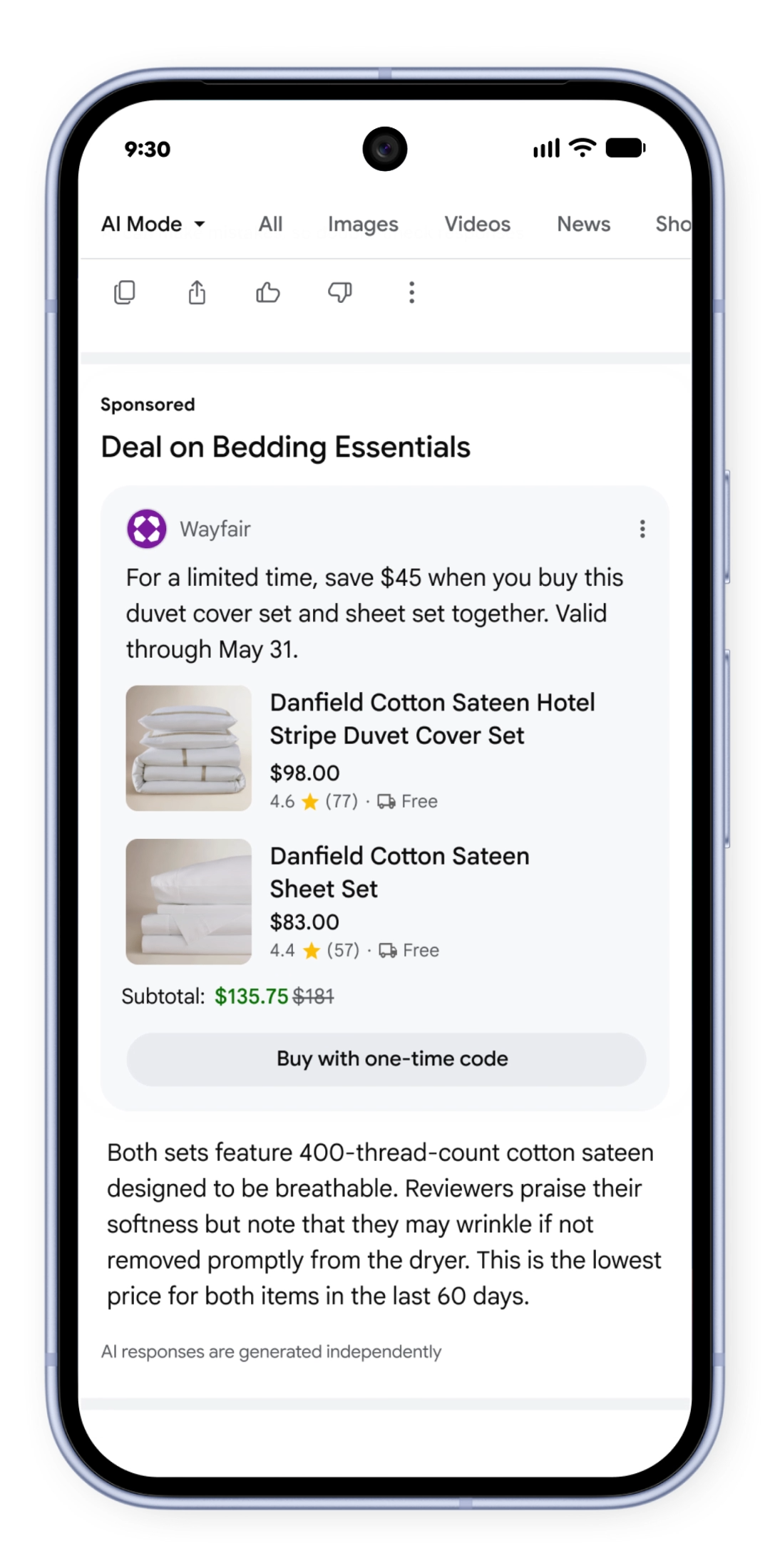 Ejemplo de una oferta patrocinada Direct Offers integrada en Google AI Mode