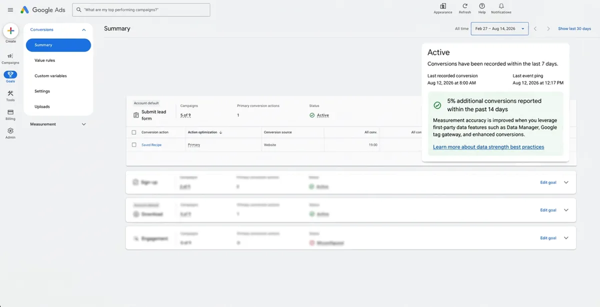 Captura oficial de Google Ads mostrando la métrica Data Strength Uplift