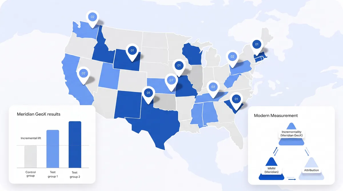 Mapa oficial de Google Meridian GeoX comparando regiones de control y prueba